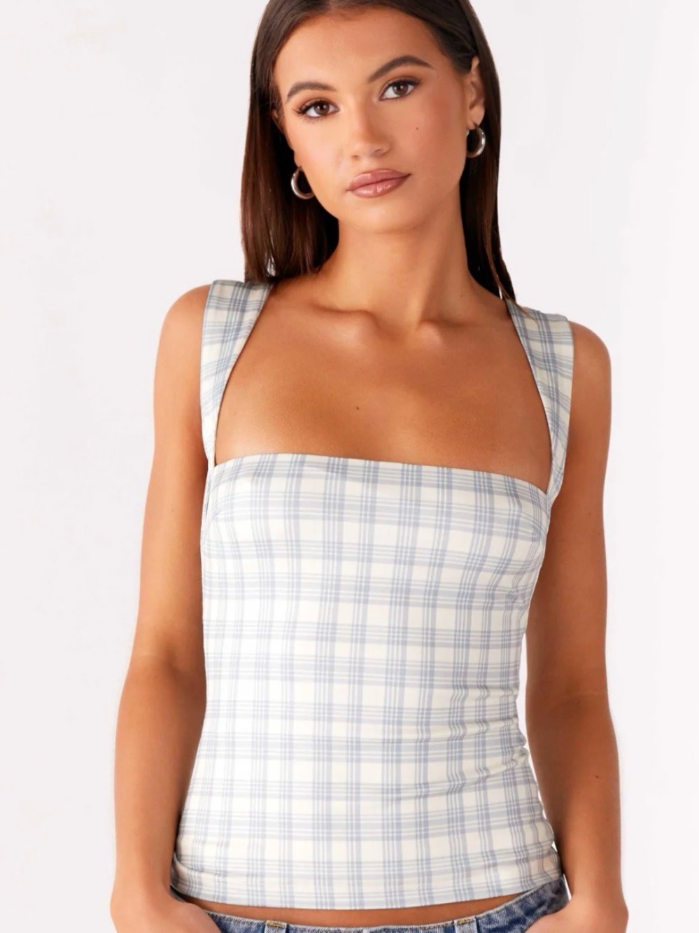 Peppermayo Light Blue and White Plaid Square Neck Tank Top